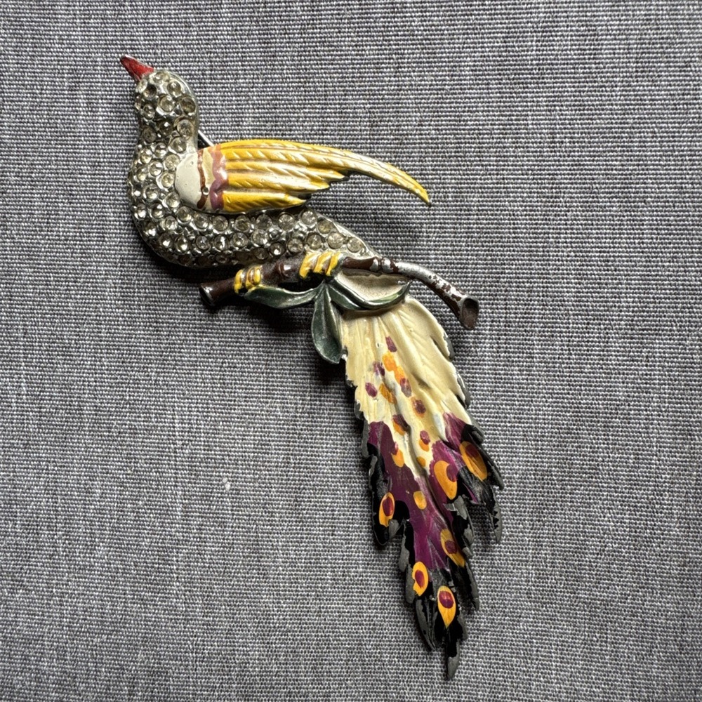 VTG Large Bird Perched Colorful Enamel Pot Metal Rhinestone 1930-1940 Brooch